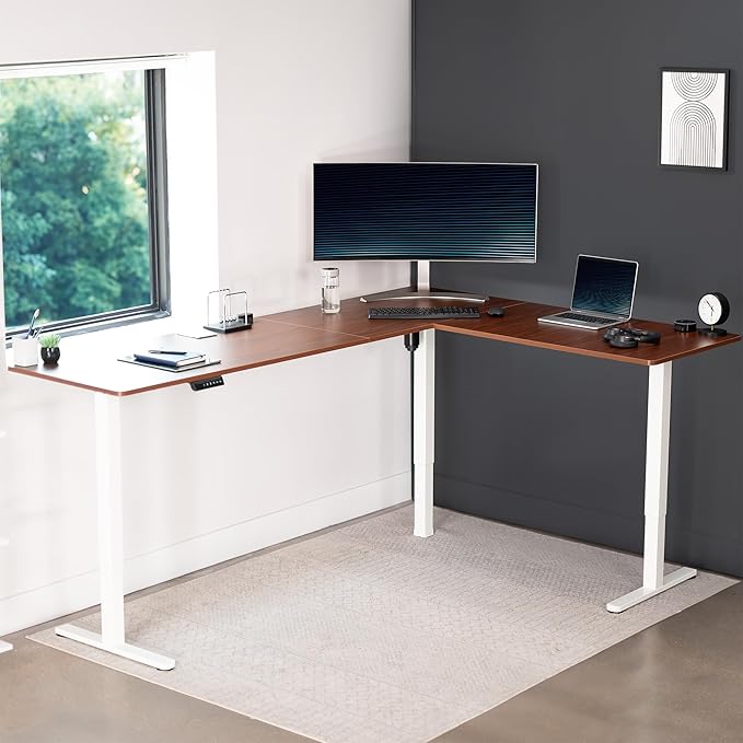 VIVO Electric Corner 84 x 63 inch L-Shaped Standing Desk, Memory Height Adjustment, Dark Walnut Top White Frame, DESK-E3CTWD-84