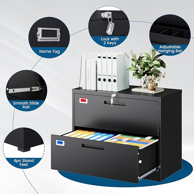 PEUKC 2 Drawer File Cabinet, Lateral Filing Cabinets for Home Office, Office Storage Drawers with Lock, Hanging Files Legal/Letter A4 Size (Assemble Required,Black)