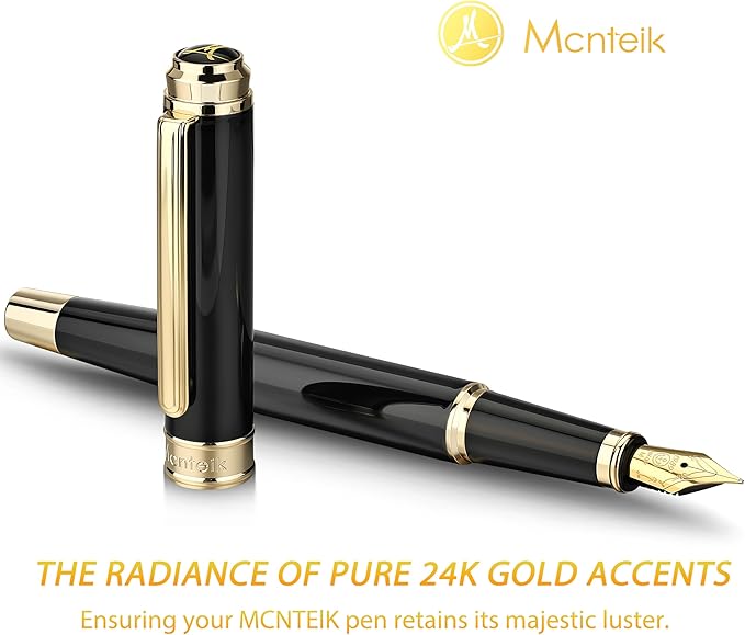 MCNTEIK 317 Fountain Pen,Stunning Luxury Piano Lacquer,18K Gilded Nib(Medium),Gorgeous 24K Gold Finish, Ink Converter,Trustworthy Gift for Men&Women-Elegant,Executive,Nice Pens for Writing, BK-M