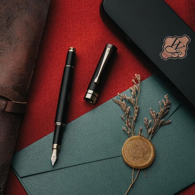 Wordsworth & Black Fountain Pen Set, Luxury Bamboo Wood - Fine Nib, Gift Case; Includes 6 Ink Cartridges, Ink Refill Converter -Journaling, Calligraphy; Drawing, Smooth Writing [Black Wood]