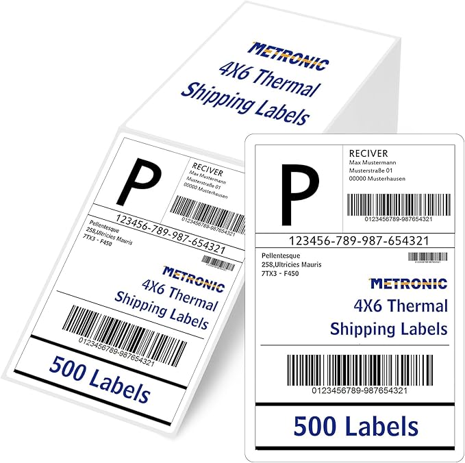 METRONIC Shipping Labels 4x6 500 PCS Fanfold Direct Thermal Labels, Perforated and Strong Adhesive Sticker Paper Thermal Printer Labels, Compatible with Rollo, JADENS, Phomemo, MUNBYN Printer