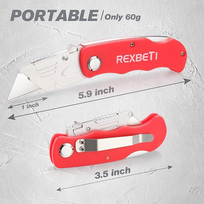 REXBETI Folding Pocket Utility Knife Quick-change SK5 Box Cutter for Cartons, Cardboard and Boxes, Back-lock Mechanism with 10 Extra Blades (12 folding utility knife)