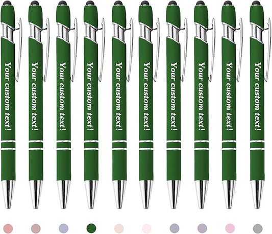 CRME Bulk Custom Pens Personalized Customized Engraved Writing Pen with Name Logo Soft Grip Ball Point Pen for Men Women Smooth Writing Black Ink for Business School Office Green