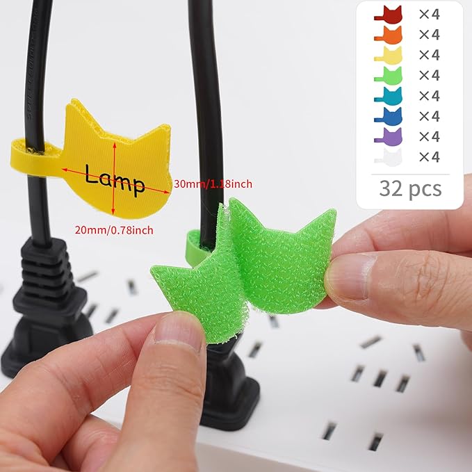 Trilancer Cord Labels Cable Label, Multicolored Handwriting Cord Tags - Kitty Head Shape Tags for Organizing Wires and Identification, Reusable with Multiple Uses - 32 PCS