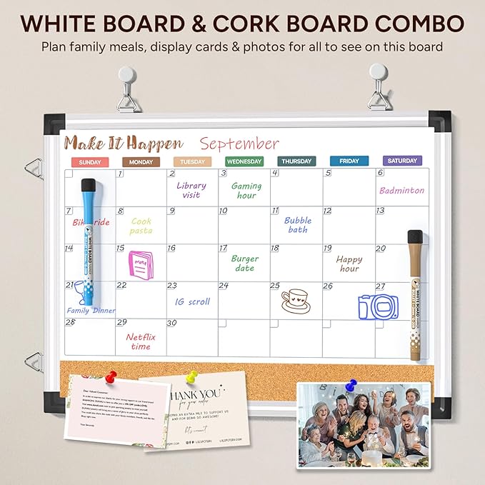 Monthly Dry Erase Board and Cork Board Combo for Wall, 17"x13" Reversible Hanging Dry Erase Board, Double Sided White Board with Aluminum Frame for Planning, Office, Kitchen, School, Home