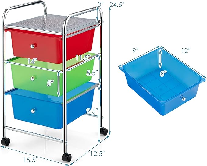 Giantex Rolling Cart with Drawers, Craft Organizer with Wheels, 3 Drawer Storage Container Bins for Back to School Office Scrapbook Paper Tools Multicolor