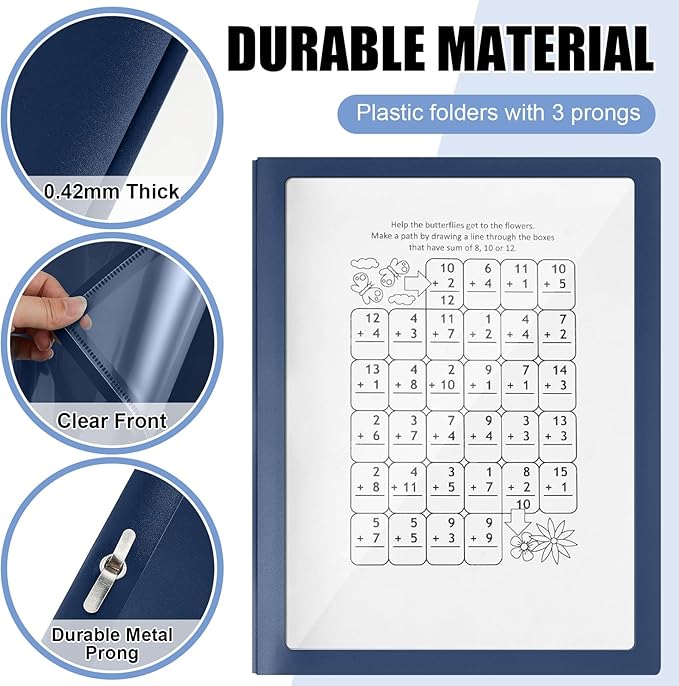 Teling 36 Pcs Report Covers with 3 Prong Fasteners Clear Front Presentation Folders Frame View Poly Report Folder Presentation Binder for Paper Document School Office (Navy Blue)