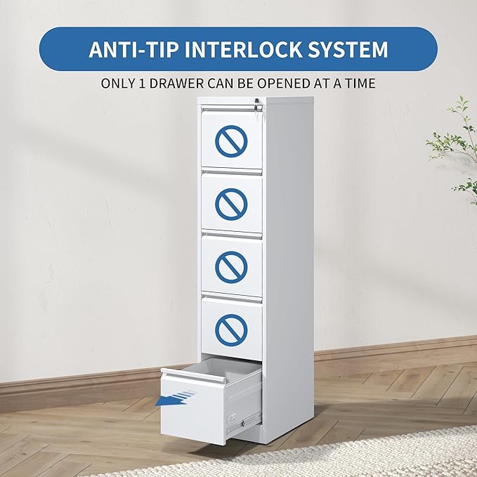 FLIXELIO 5 Drawer File Cabinet with Lock,Metal Vertical Filing Cabinets for Home Office,Heavy Duty File Storage Cabinet for Letter/Legal/A4/F4 Size File,Assembly Require (White, Vertical 5 Drawer)