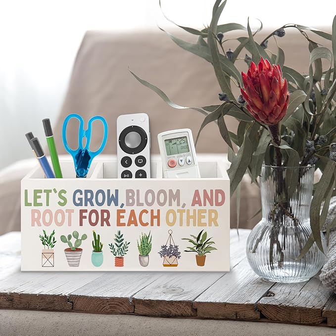 URLLUAE Boho Plant Classroom Wooden Pen Pencil Holder for Office Desk Accessories, Back to School Supplies for Students College Boys Girls Teachers First Day of School, Let's Root for Each Other