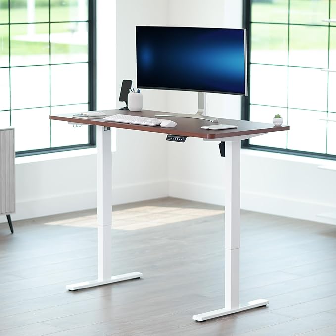 VIVO Electric 55 x 28 in Standing Desk, Memory Height Adjustment, 1B Series, Holds 220 lbs, One-Piece Dark Walnut Top, White Frame, DESK-KIT-1W55D
