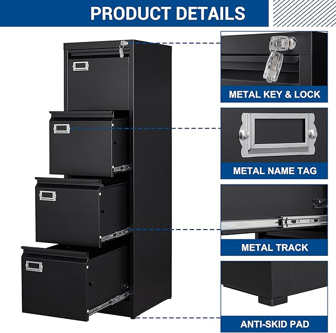 Fesbos File Cabinet - 4 Drawers Vertical 17.8" Deep Lockable Filing Cabinet Black Metal Storage Cabinets for Home Office to Hanging Files Letter/Legal/F4/A4 Size
