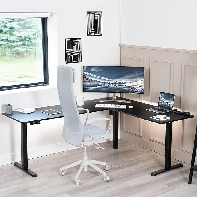 VIVO Electric Corner 75 x 63 inch L-Shaped Standing Desk, Memory Height Adjustment, Black Top Black Frame, DESK-E3CTB-75