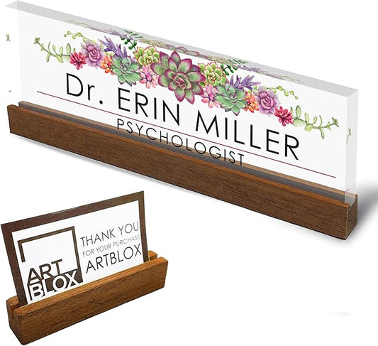 Artblox Office Personalized Name Plate for Desk with Business Card Holder On Clear Acrylic Glass Succulents Flowers Design Custom Desk Name Plate with Your Name and Credentials Customized Gift