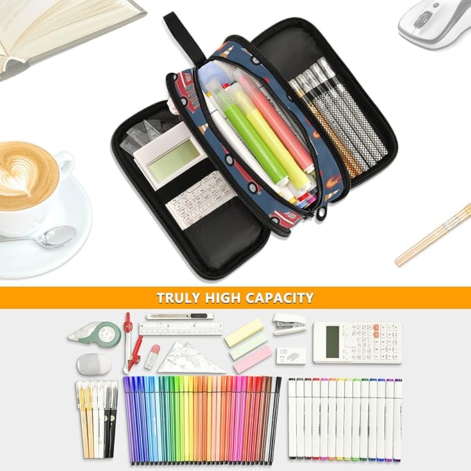 BOENLE Custom Fire Trucks Pencil Case Box Boys Girls Personalized Name Large Pencil Pouch Stationery Pen Bag Organizer for Kids Adults School Office