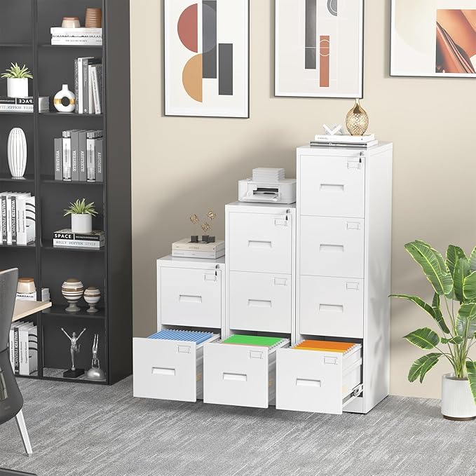 INTERGREAT 2 Drawer File Cabinet, White Metal Filing Cabinet with Lock, Lockable Vertical File Office Cabinet for Hanging Letters/Legal/A4, Assembly Required