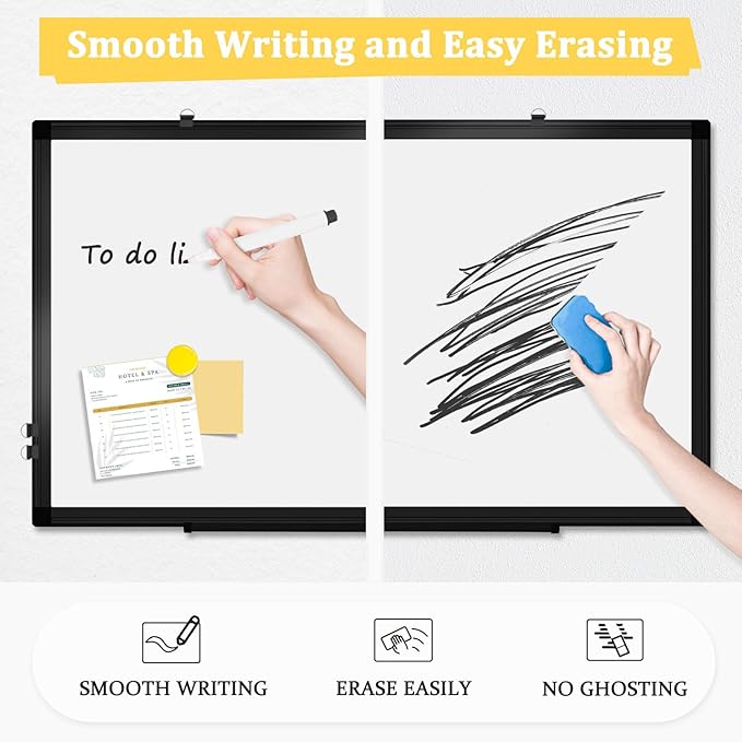 AMUSIGHT Double-Sided Magnetic Whiteboard, 36" x 24" Dry Erase Board Black Aluminum Frame for Wall, White Board Dry Erase Marker Board for Kitchen, Memo, School, Home, Office