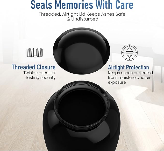 Modern Memorials Cremation Urn for Ashes - Large Urn for Man & Women - 200 Cubic Inches - Includes Velvet Storage Bag - Black
