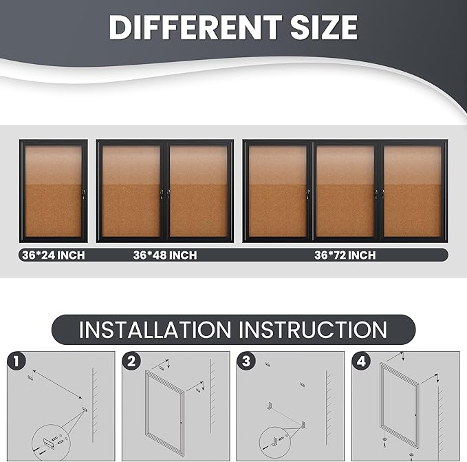 36"x24" Lockable Enclosed Bulletin Board, Outdoor Cork Weather-Resistant Aluminum Frame Notice Board, Wall Mounted Display Case Acrylic Doors for School,Office,Black Frame w/Cork