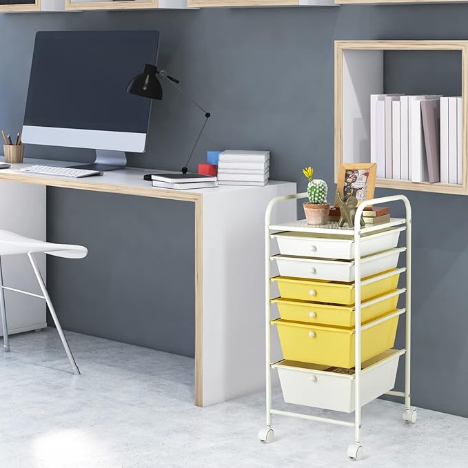 Giantex 6 Storage Drawer Cart Rolling Organizer Cart for Tools Scrapbook Paper Home Office School Multipurpose Mobile Utility Cart (Beige & Yellow)