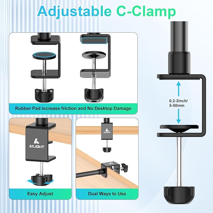 Ailight Camera Desk Mount Webcam Stand with Phone Holder, Adjustable Table Camera Stand with 1/4" Screw & C Clamp Overhead Tripod Webcam Mount for Logitech Obsbot insta360 Anker and Others