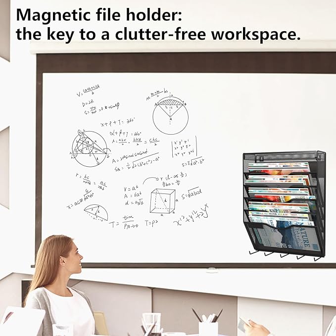 KZWKRG 6 Tier Magnetic File Holder with Hook, Magnetic File Organizer Folder Holder, Wall File Organizer, Hanging Magnetic Paper Holder for File Cabinets, Office, Whiteboard, Magnetic Mail Holder