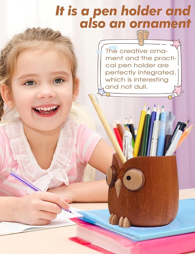 WODTILIFE Cute Owl Pen Holder for desk, funny wooden pencil holder with Magnetic Rotating Eyes, Ebony solid wood hollow design, for Office accessories School Home and Holiday Gifts.(Brown)