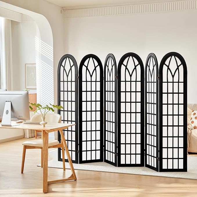 Asnefeli 6 Panel Japanese Room Divider, Shoji Style Partition Divider, Fully Assembled Wooden Privacy Screen for Home Office Bedroom Apartment Decoration, Black