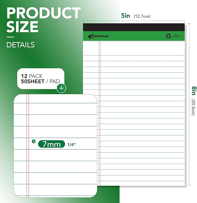 KAISA White Legal Pads Writing Pads Recycled Paper 5"x8" Narrow Ruled Lined Paper Small Legal pad Perforated 50 sheets Hard Back Notepads Writing Tablet For Office Supplies Study (White 12pads)