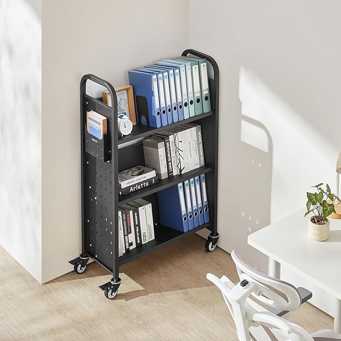 VEVOR Rolling Library Book Cart, 330 lbs Capacity, 30.3 x 15 x 48.0-Inch Library Cart, Single Sided V-Shaped Shelves with 3-Inch Lockable Wheels, Book Truck for Home Shelves Office and School, Black