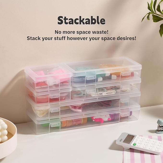 novelinks Stackable Plastic Clear Storage Box Containers with Latching Lid - Art Craft Supply Organizer Storage Containers for Pencil Box, Crayon, Beads (2 Small + 2 Medium + 2 Large -Clear)