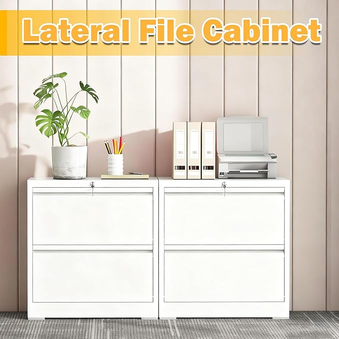mysteeldepot 2 Drawer Lateral File Cabinet with Lock, Metal Lateral Filing Cabinets for Home Office, File Cabinet, File Storage Cabinet for Legal/Letter/A4 Documents, Assembly Required, White, 26'W