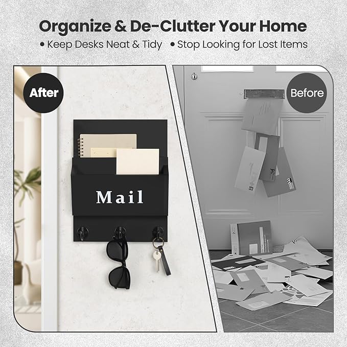Lucundm Mail and Key Holder - Decorative 9.8" x 12.5" Wall Key Hanger with 2 Mail Organizer Slots and 3 Hooks - Real Paulownia Wood with Keyhole Brackets, Hardware and Instructions (Black)