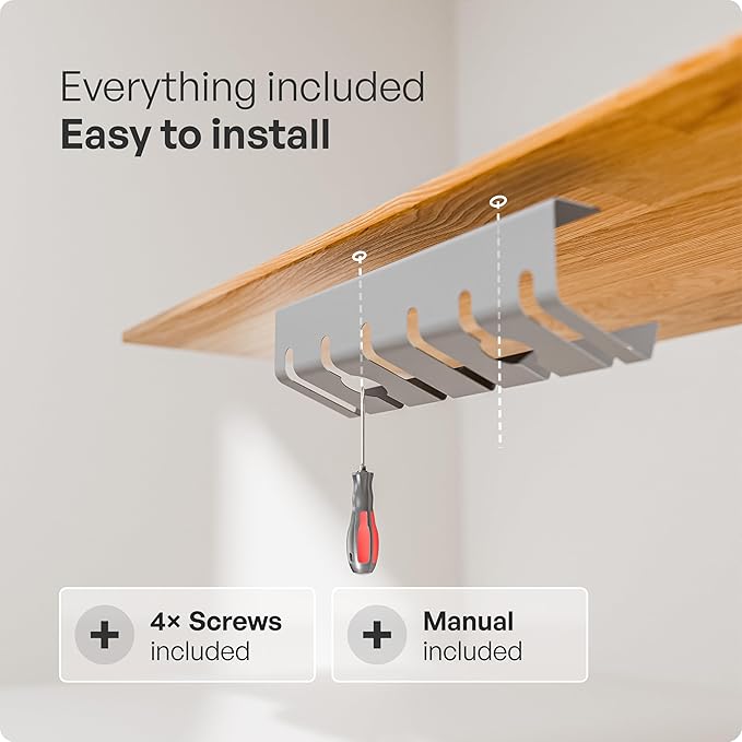 PAMO Cable Management Under Desk for Easy mounting Under-Table I Set of 2 - with 10X Cable Ties I Desk Organizer for Office/Home Office Table Thoughtful Cable Tray Holder