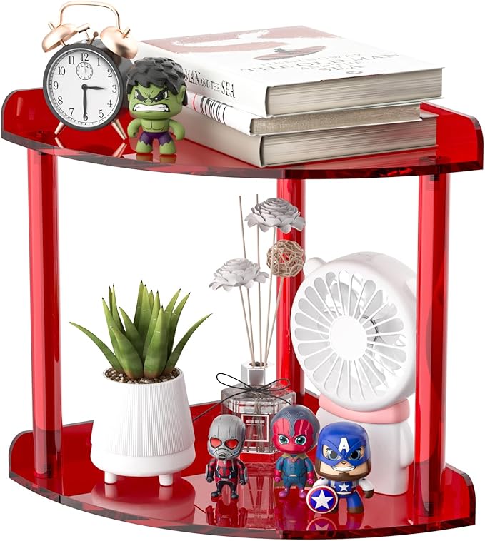 Sezanrpt 2 Tier Countertop Corner Organizer Shelf 7x7x8 Inch, Red Acrylic Bathroom Corner Shelf for Countertop, Vanity Storage for Skincare, Cosmetics, Perfume