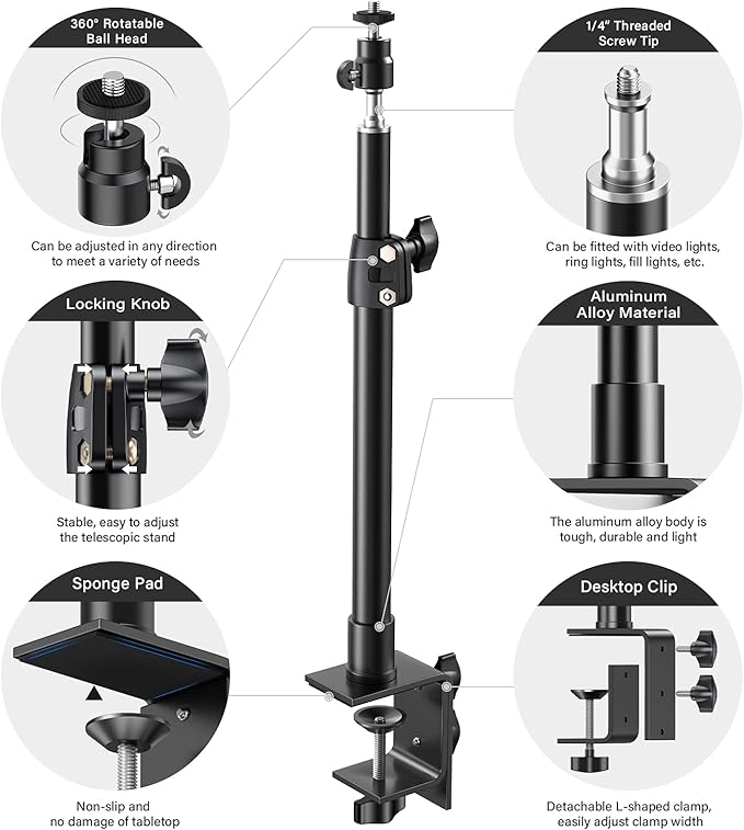 Dazzne 2-Pack Camera Desk Mount Stand with 1/4" Ball Head and Cold Shoe Mount Adapter,12.9-22" Tabletop Mounts Stand, Adjustable Aluminum Desktop Light Stand, for DSLR Camera, Ring Light, Video Light