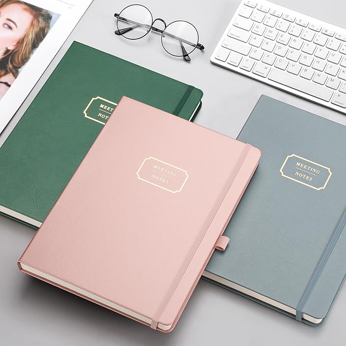 EMSHOI Meeting Notebook for Work with Action Items - 240 Pages A4 Large Project Planner Agenda Organizer Work Notebook for Women Men Office Business, PU Leather Hardcover, 8.5" x 11", Gray Blue