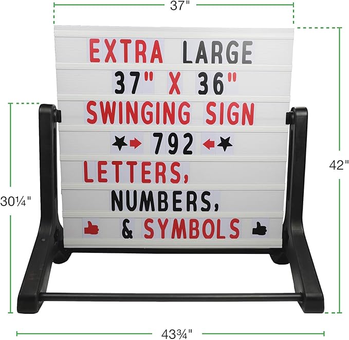Excello Global Products Swinging Changable Message Sidewalk Sign: 37" x 36" Sign with 792 Pre-Cut Double Sided Letters and Storage Box. Includes Black Sign Board & 4 Liquid Chalkboard & Letter Board