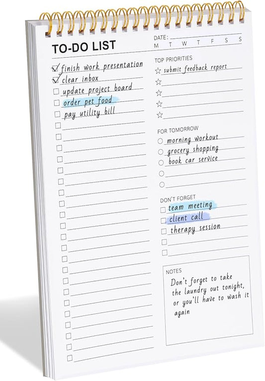 To Do List Notepad for Work, Productivity & Goal Setting, Undated Spiral Daily Planner with 52 Sheets Task Checklist, Time Management, 100 GSM Paper for Office, Family, Personal Use