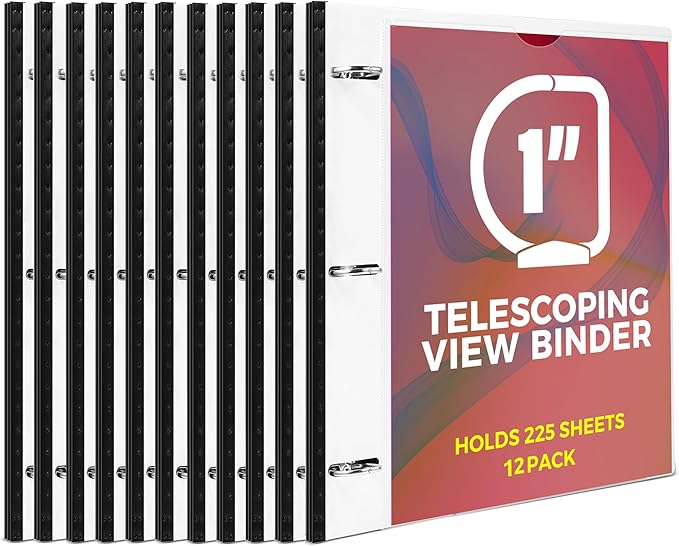 MAKHISTORY 12 Pack Telescoping 3 Ring Binder 1 Inch, Flexible Thin Binder with Customized Front Cover, Holds Up 225 Sheets, School Office Supplies, White