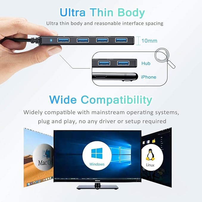 VIENON USB C Hub with 4 USB 3.0 Female Ports, USB C Splitter USB Extender for C Port Laptop, iMac Pro, MacBook, iPad Pro, Dell, Acer, HP, ASUS, Printer, Camera,Keyborad, Mouse etc-2ft