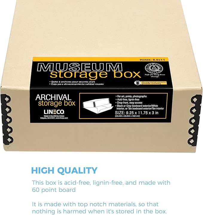 Lineco Museum Archival Storage Box, 9.25x11.75x3 in. Drop Front Design. Acid-Free with Metal Edge. Organize Photos, Pictures, Prints, Documents, Crafts, DIY. Tan, 1 Pack