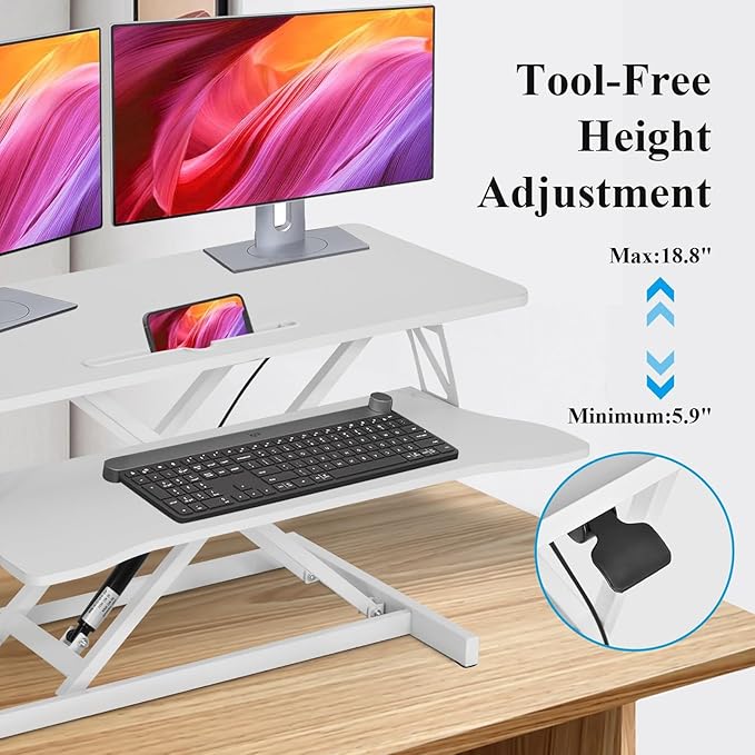 37 Inch Standing Desk Converter - Manual Pneumatic Spring, Two Monitor Stable Standing Desk Converter, 5.9" to 18.8" Height Adjustable Laptop Workstation with Keyboard Tray for Home, Company(White)