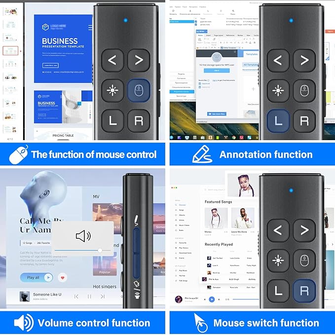 Presentation Clicker with Air Mouse - USB C Wireless Presenter Remote Clicker with Pointer, RF 2.4GHz PowerPoint Clicker for Presentation