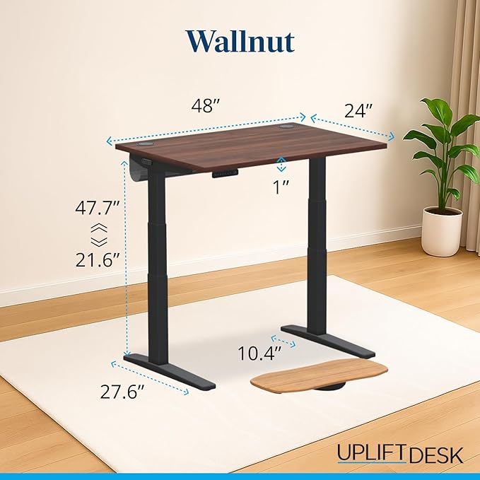UPLIFTDESK V3 2-Leg Walnut Laminate Wood Standing Desk – Adjustable Height, Advanced 1-Touch Memory Keypad, Under Desk Cable Management, Wire Grommets & Rocker Board (Black C-Frame, 48 x 30 inch)