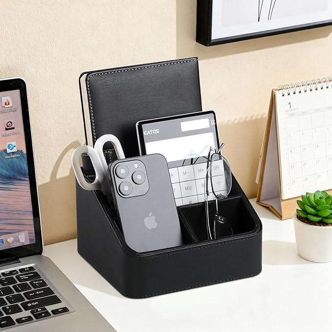MEIBOOCH Remote Control Holder, PU Leather Small Desk Organizer with 4 Compartments, Nightstand Organizer Desk Caddy for Remote, Notepad, Phone, Glasses, and Accessories (Black)
