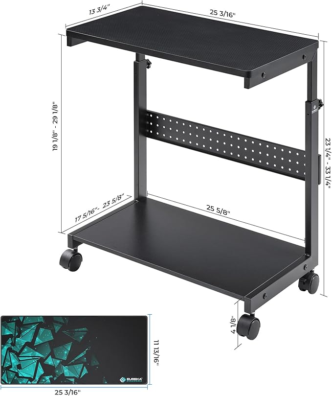 EUREKA ERGONOMIC PC Stand Computer Cart, Height Adjustable Tower Stand 2-Tier Suit for ATX Case Printer, Metal Rolling Cart on Wheels for Gaming Home Office, Carbon Fiber