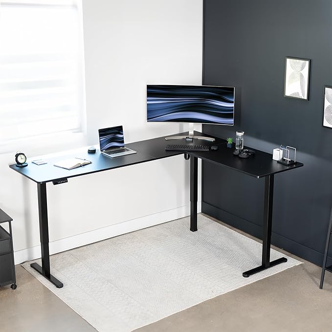 VIVO Electric Corner 84 x 63 inch L-Shaped Standing Desk, Memory Height Adjustment, Black Top Black Frame, DESK-E3CTBB-84