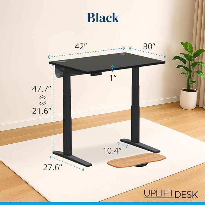 UPLIFTDESK V3 2-Leg Black Laminate Wood Standing Desk – Adjustable Height, Advanced 1-Touch Memory Keypad, Under Desk Cable Management, Wire Grommets & Rocker Board (Black C-Frame, 42 x 30 inch)