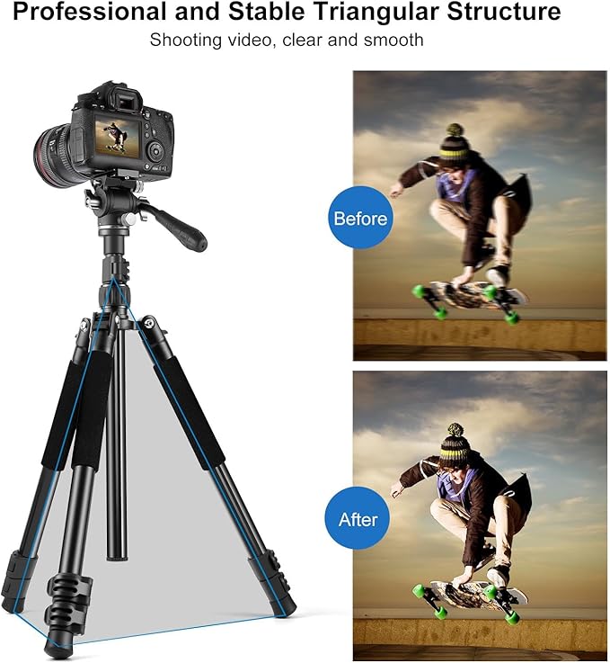 PULUZ 64"/164cm Video Tripod, Metal Camera Tripod with 360°Fluid Drag Head, Quick Release Plate Compatible with Canon Nikon Sony and Other DSLR Camera Camcorder for Photography/Videography