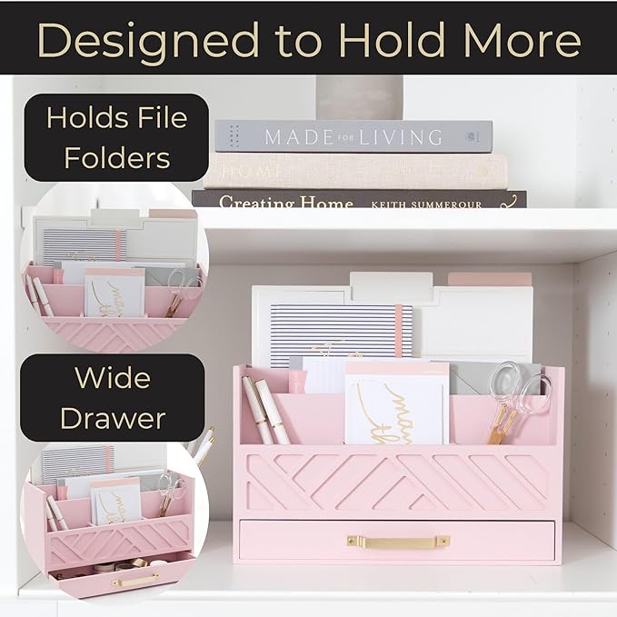 BLU MONACO Pink Wooden Desk Organizer With Storage Drawer and Gold Handle | Desktop Mail Sorter and Stationery Holder for Home Office | 4.6” x 12.4” x 7.5” Multi-Compartment Accessory Organizer